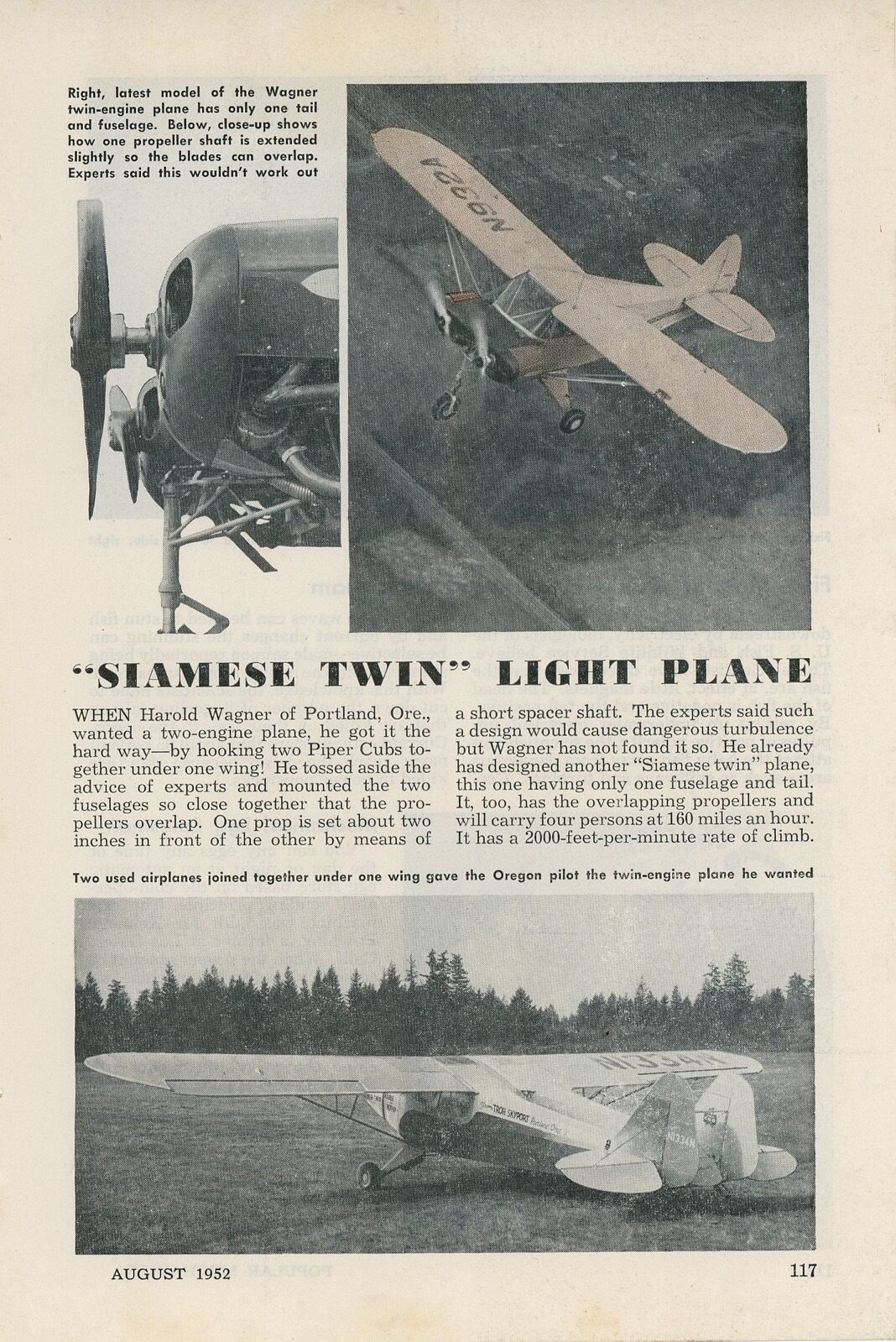 1952 Siamese Twin Airplane 2 Piper Cubs Joined Together 2 Engine Portland Oregon