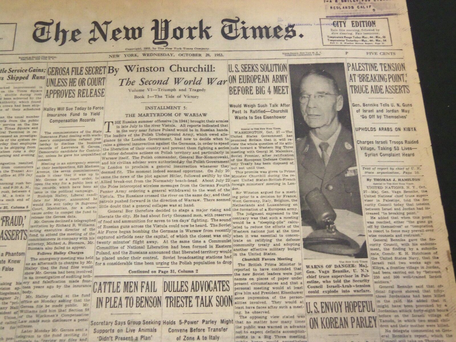 1953 OCTOBER 28 NEW YORK TIMES - PALESTINE TENSION AT BREAKING POINT - NT 4602