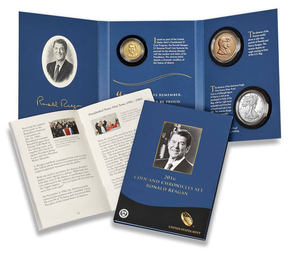 5 full SETS 2016P Coin & Chronicles Reagan w/ Reverse Proof-1 oz Silver Eagle