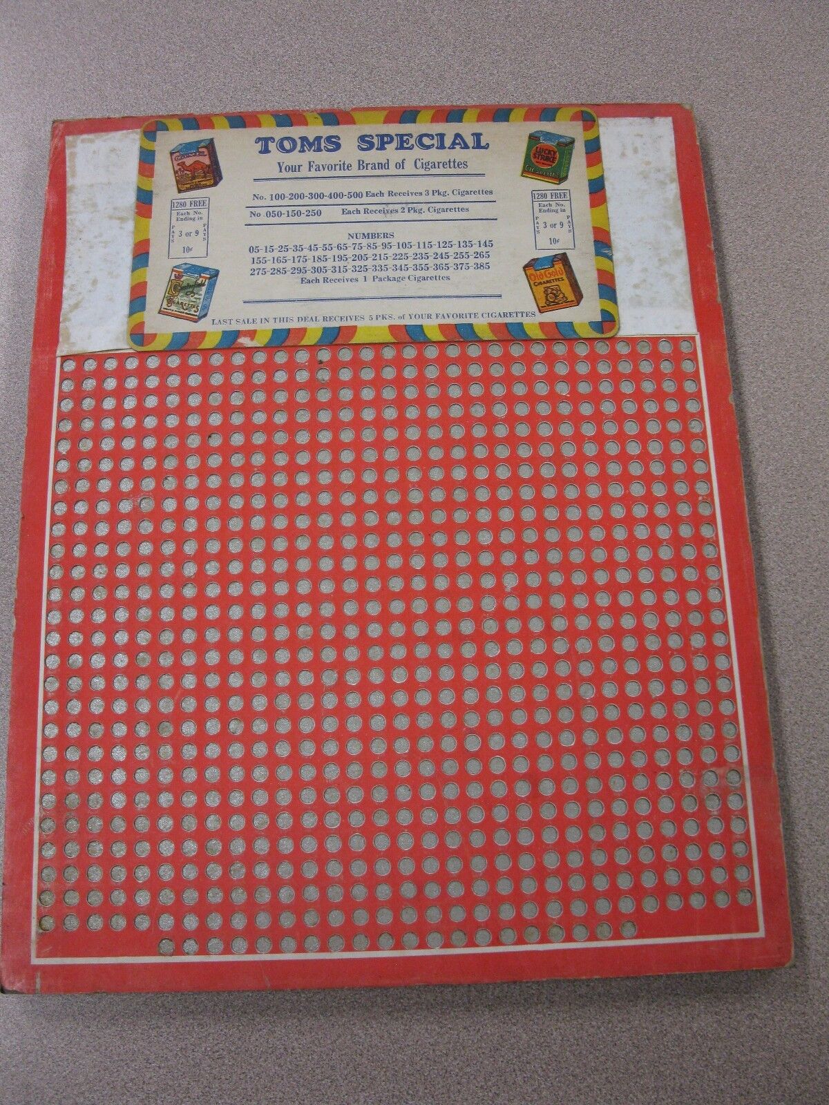 Vintage Punch Board TOMS SPECIAL .10 Cigarette Gambling Device #4572 BOX#PB-16