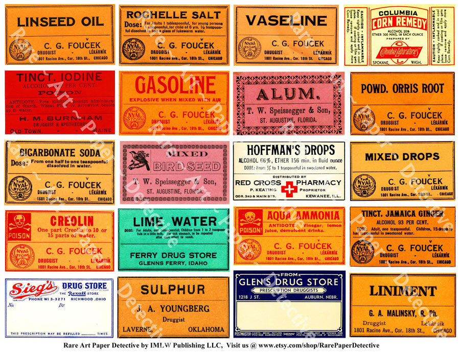 Pharmacy Labels, Antique Labels, Printed Apothecary Clip Art, Medicine Bottle