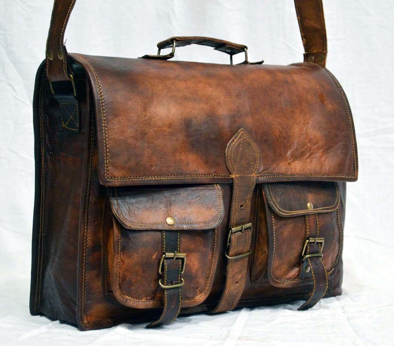 New Men Real Goat Leather Vintage Brown Messenger Shoulder Laptop Bag Briefcase