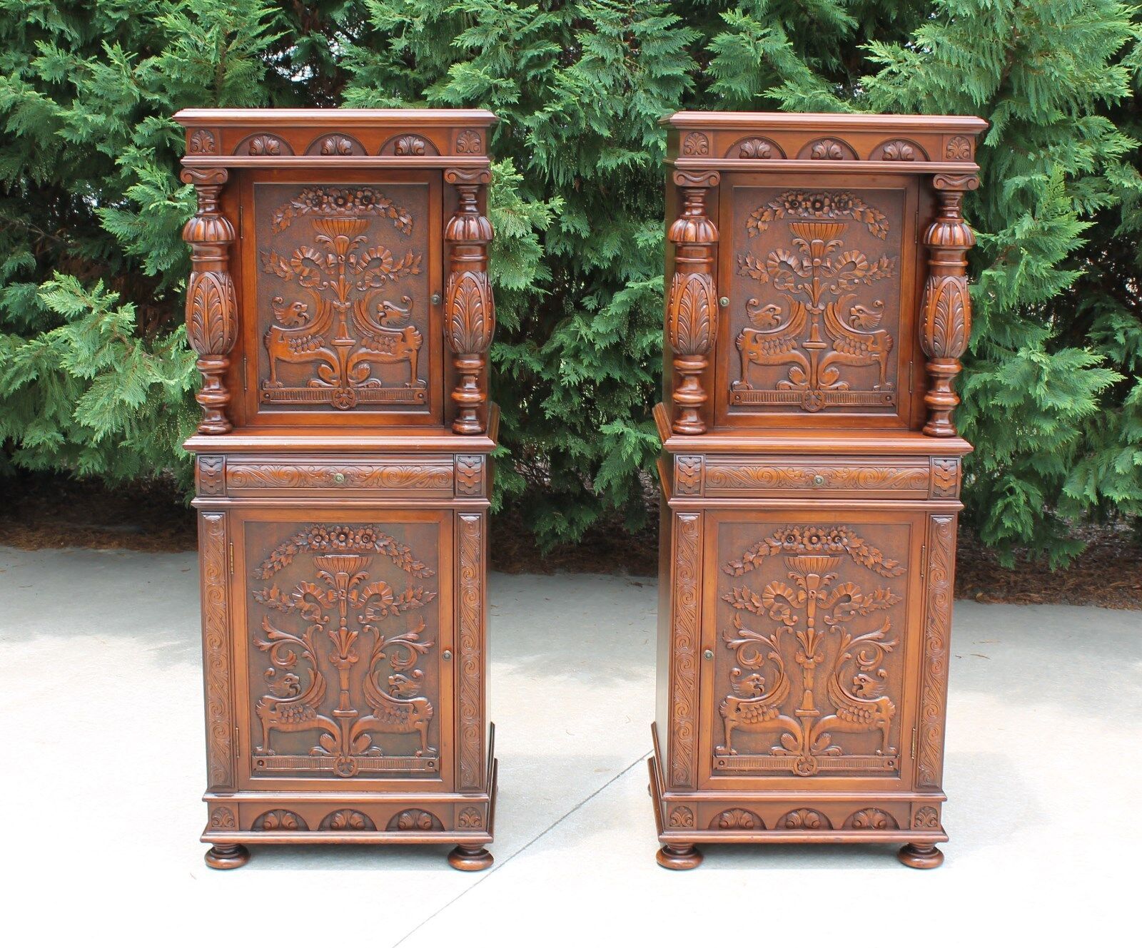 Incredible Matched Pair Highly Carved Walnut Jacobean Side Cabinets Cupboards