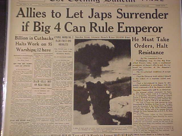 VINTAGE NEWSPAPER HEADLINE~WORLD WAR 2 JAPAN SURRENDER ATOMIC BOMB NAGASAKI WWII