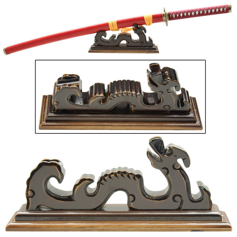 Legendary Carved Celestial Dragon Wooden Table Top Single Katana Sword Stand