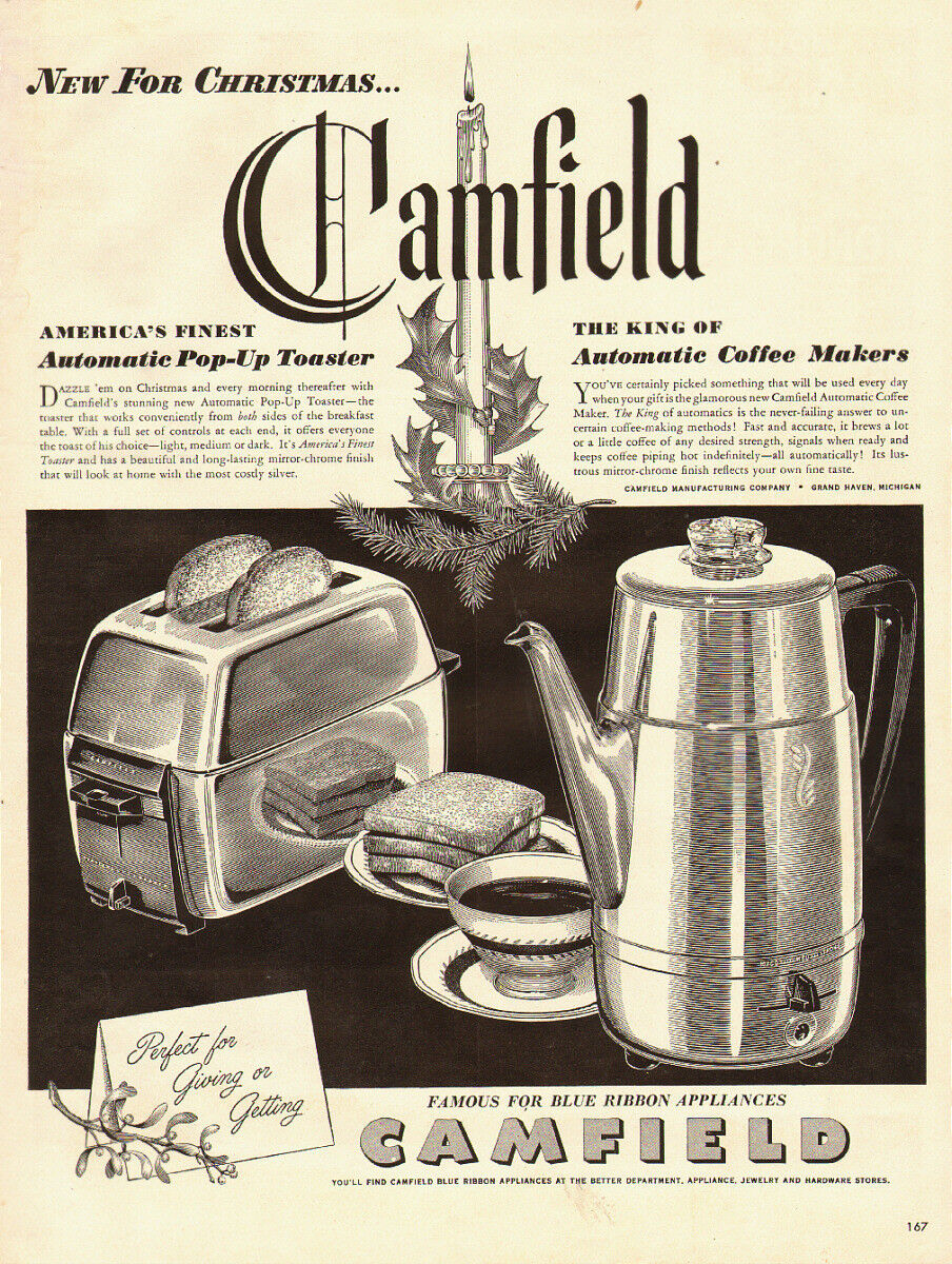 1940s vintage Ad, Camfield Toasters, Coffee Makers, nice art   120813