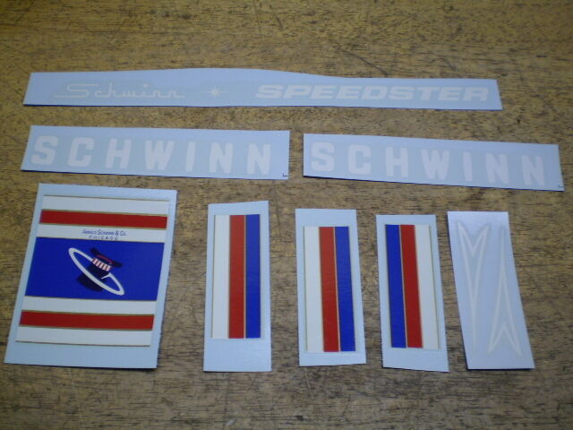 Mint Schwinn Speedster Bicycle Decal Set With RWB Strips & Top Hat ST Decals