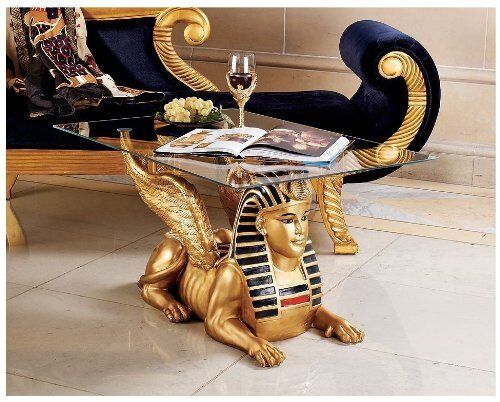 KY532 - Golden Egyptian Sphinx Glass-Topped Sculptural Table -750 BC Replica