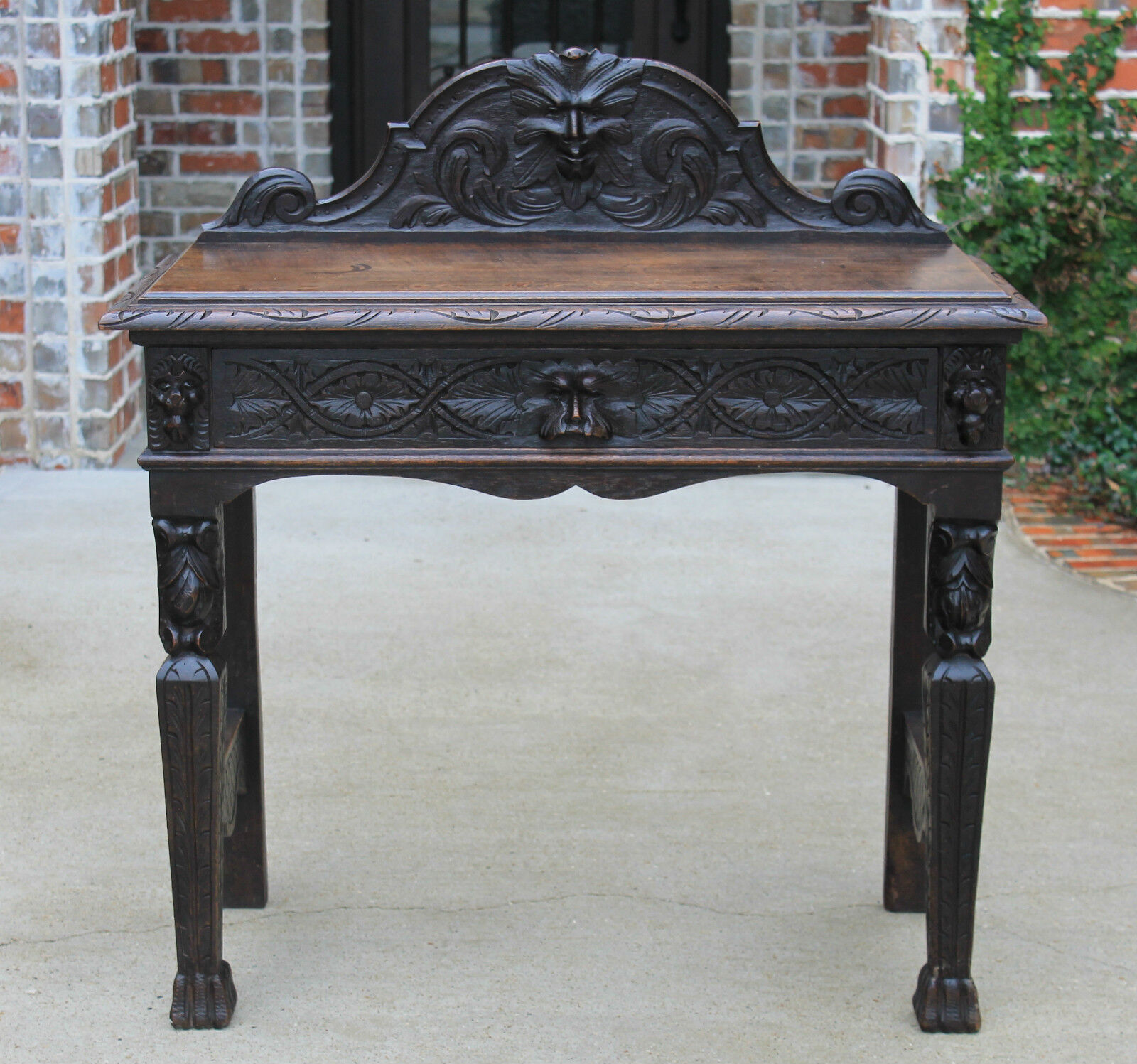 Antique English Dark Oak GOTHIC Sofa Entry Foyer Hall Table Desk w Drawer *SALE*