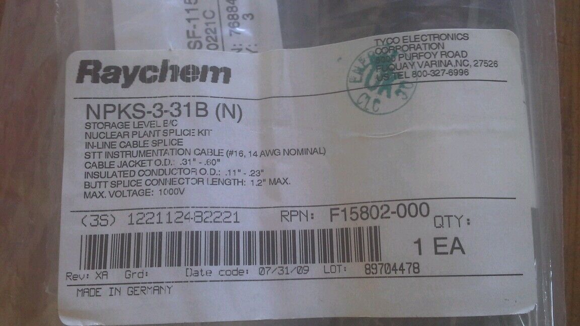 RAYCHEM 3/C IN LINE SPLICE KIT sealed factory bag NPKS-3-31B (N) NUCLEAR 0.6\