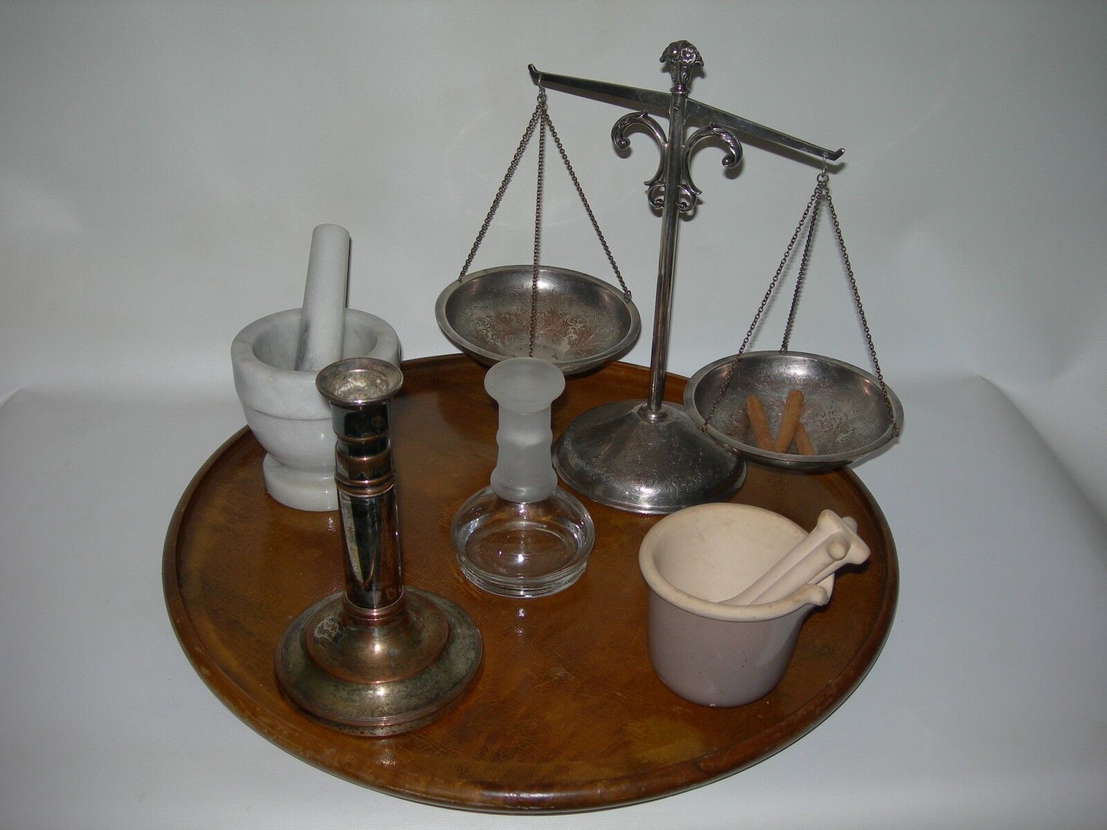 Antique-Vintage~APOTHECARY~Balance SCALE of JUSTICE~Mortar & Pestle~Candlestick 