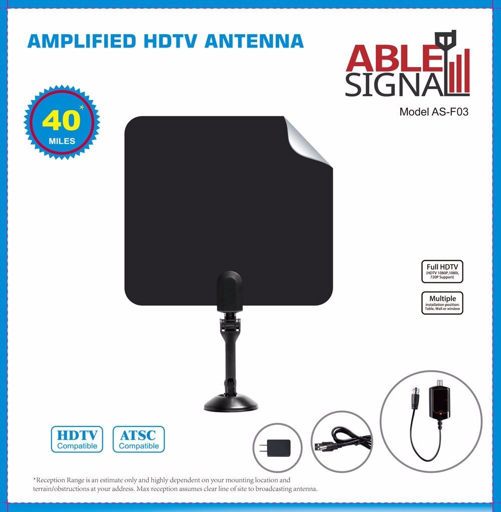 AMPLIFIED INDOOR THIN FLAT HDTV TV ANTENNA 40 MILES 5dB GAIN VHF UHF WITH STAND