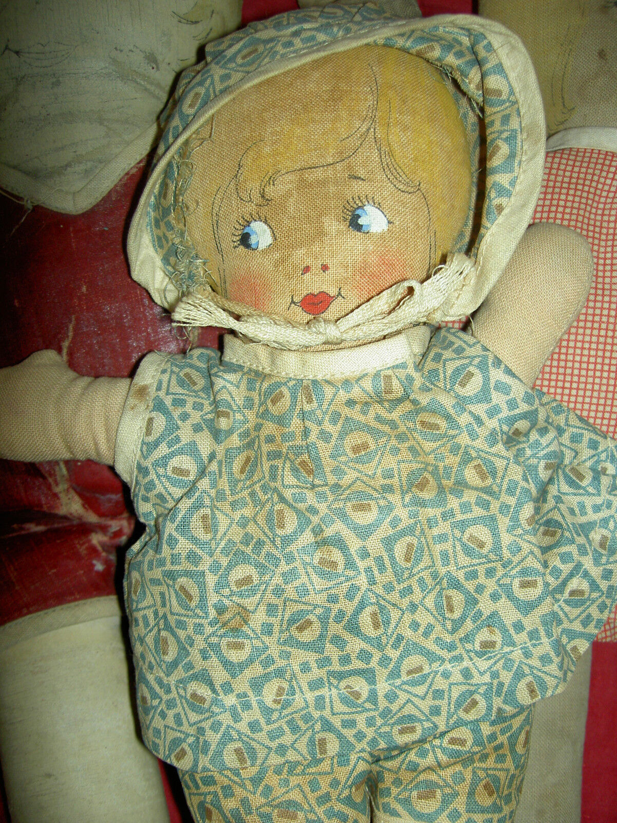 DARLING rare, antique cloth labeled: BRUCKNER doll, Pancake Baby, orig. clothes 