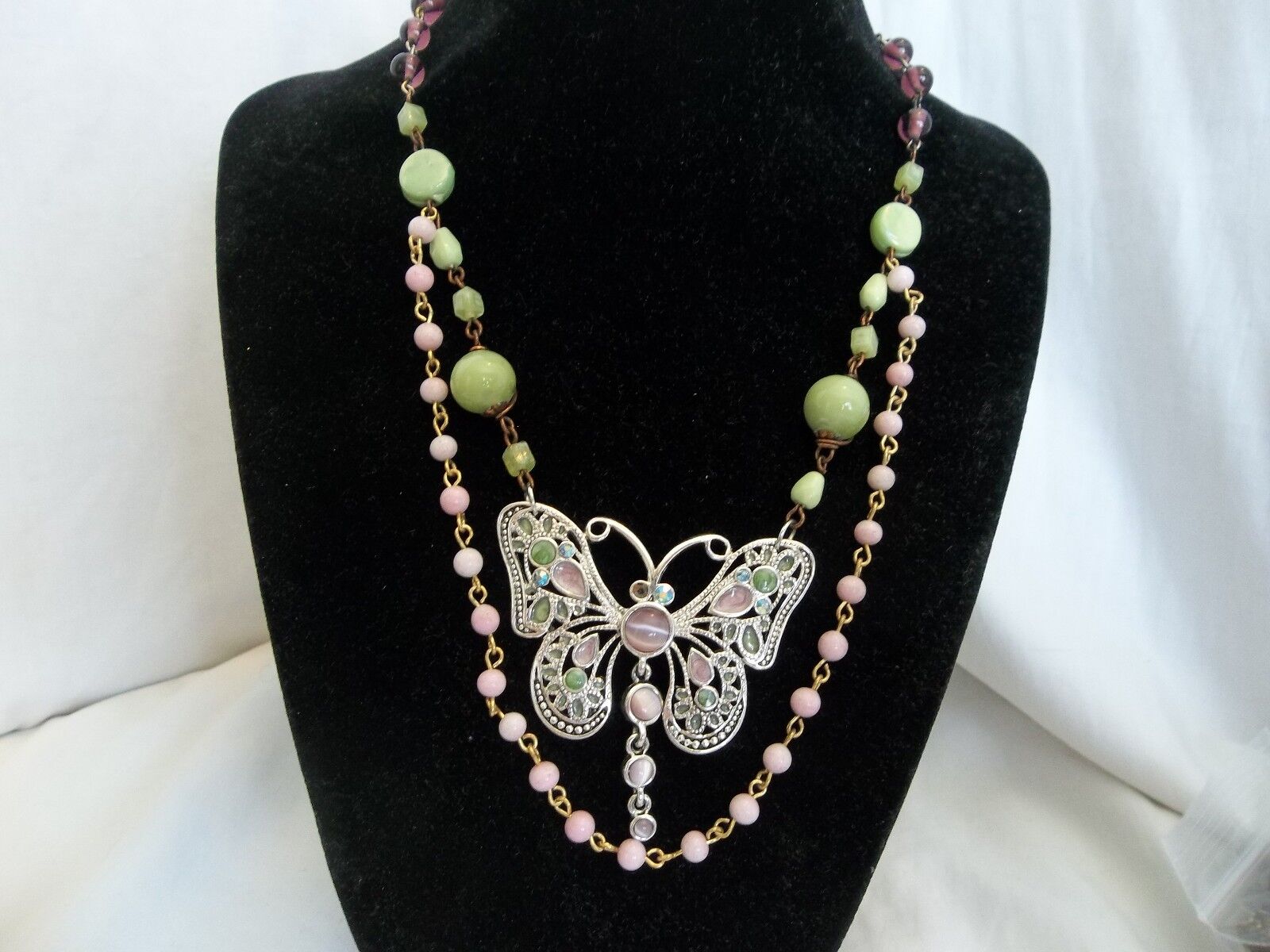 Spring Time Vintage Victorian Pastel Butterfly Pink Green Lavender Necklace