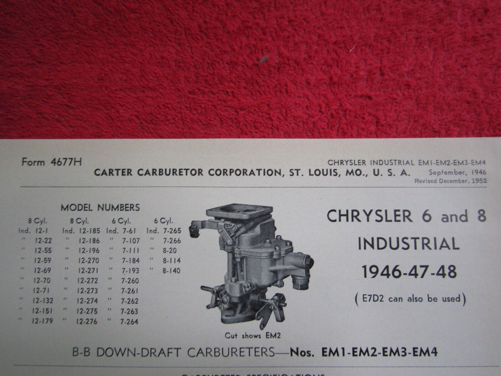 1946, 1947, 1948 CHRYSLER 6 & 8cyl INDUSTRIAL,CARTER CARBURETOR SPEC, INFO SHEET