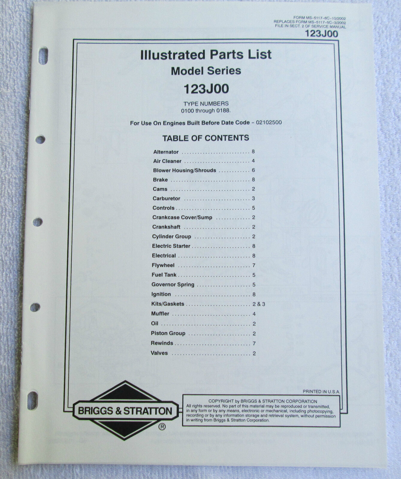 Briggs & Stratton Engines Illustrated Parts List Model Series 123J00 USA Manual