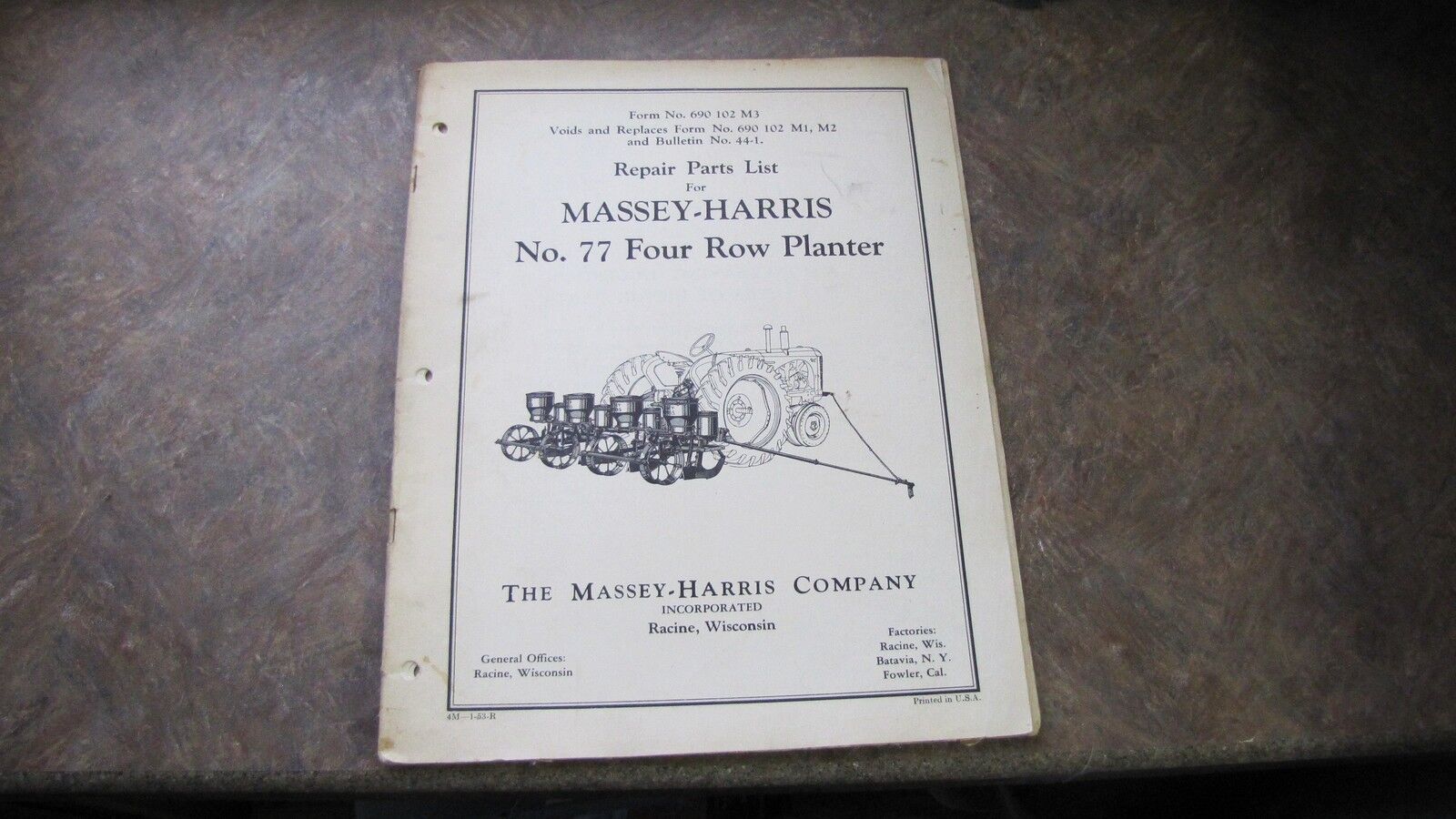 Vintage Original 1953 Massey Harris 77 Four Row Planter Parts Repair Manual Book