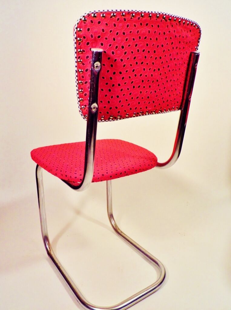 Mid Century Kitchen Chairs Chrome Retro 1950s Recovered Red Black Set of 2 1940s