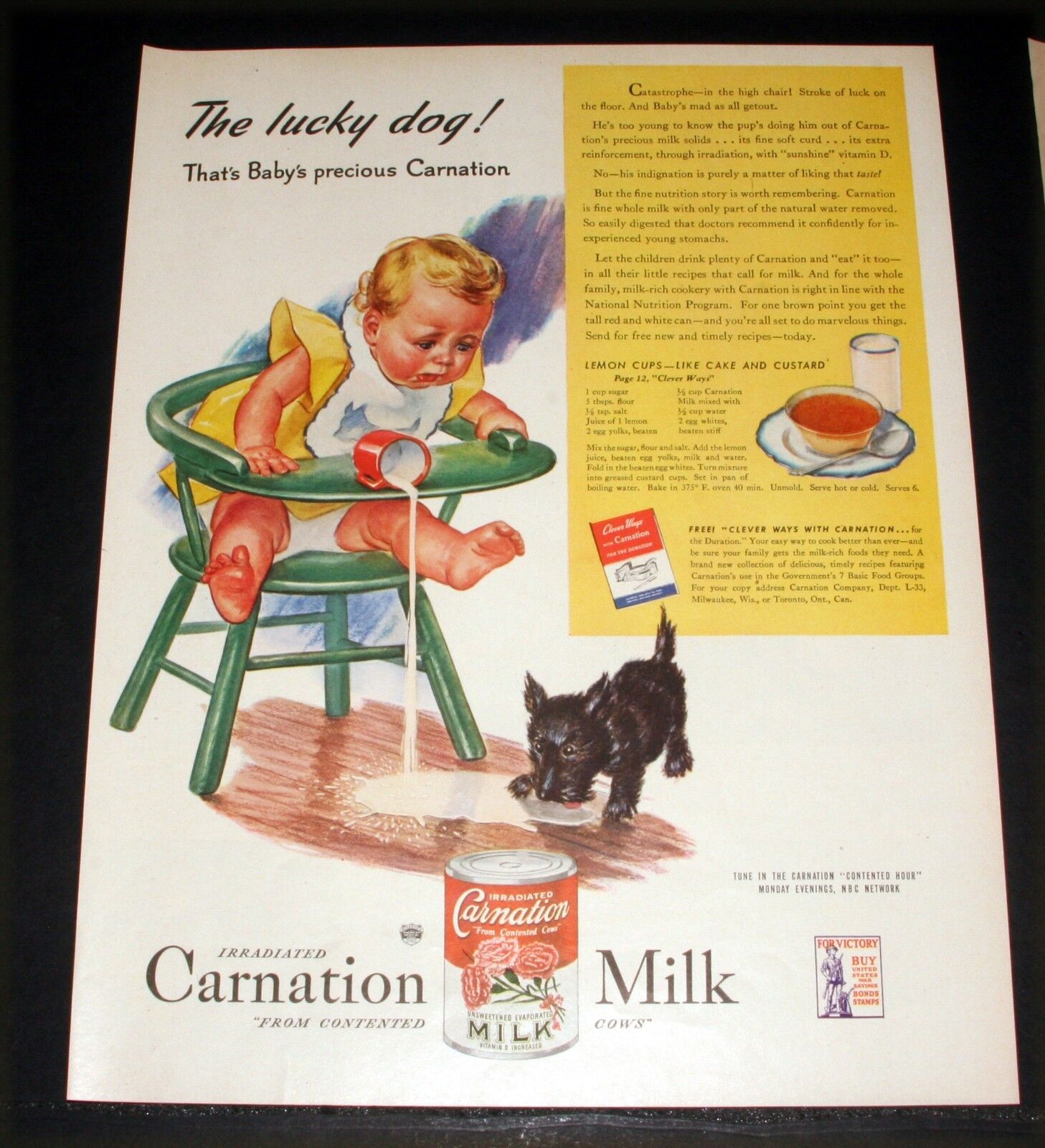 1944 OLD WWII MAGAZINE PRINT AD, CARNATION MILK, BABY IN HIGHCHAIR WITH DOG ART