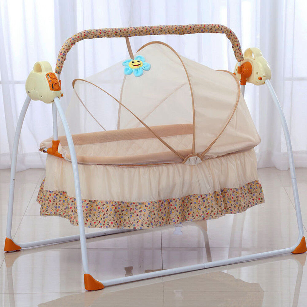 Rocking Crib Bed Swinging Baby Bed Cradle Remote Controlled MUSICAL Khaki & Mat