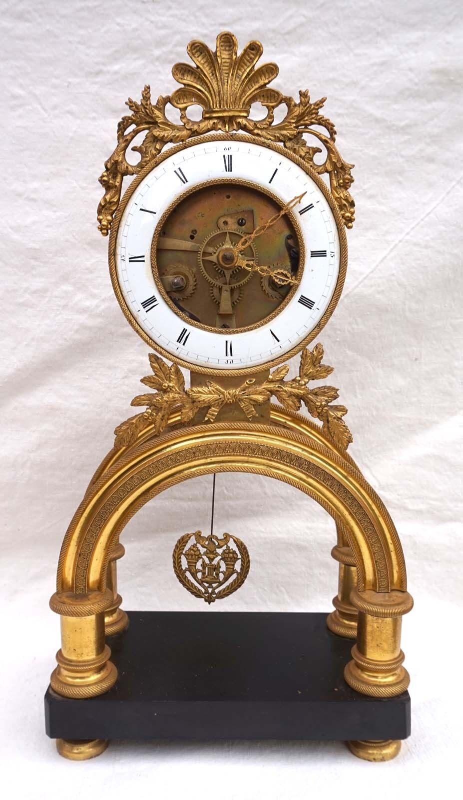 French Empire Skeleton Clock Ormolu Engraved Bronze Paris Movement 1810