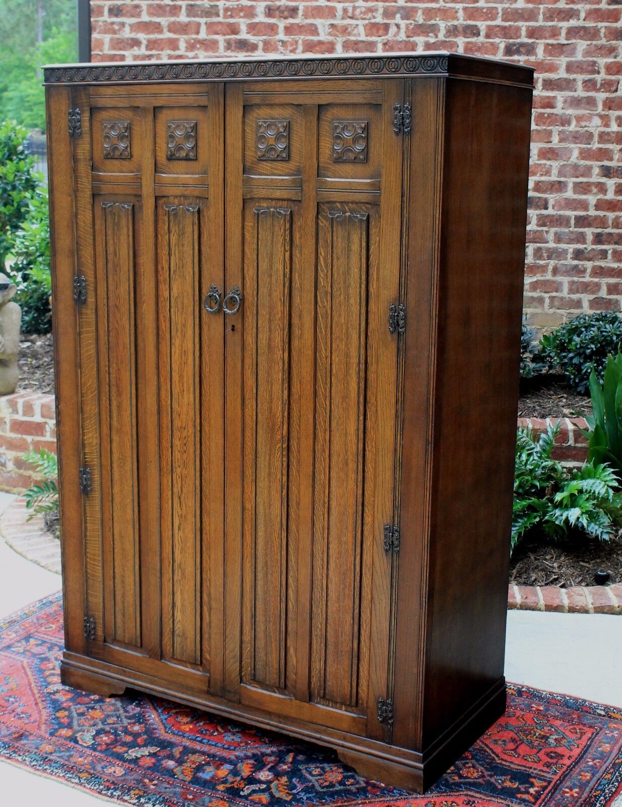 Antique English Oak Jacobean Tudor Style Large Wardrobe Amoire Cabinet Cupboard