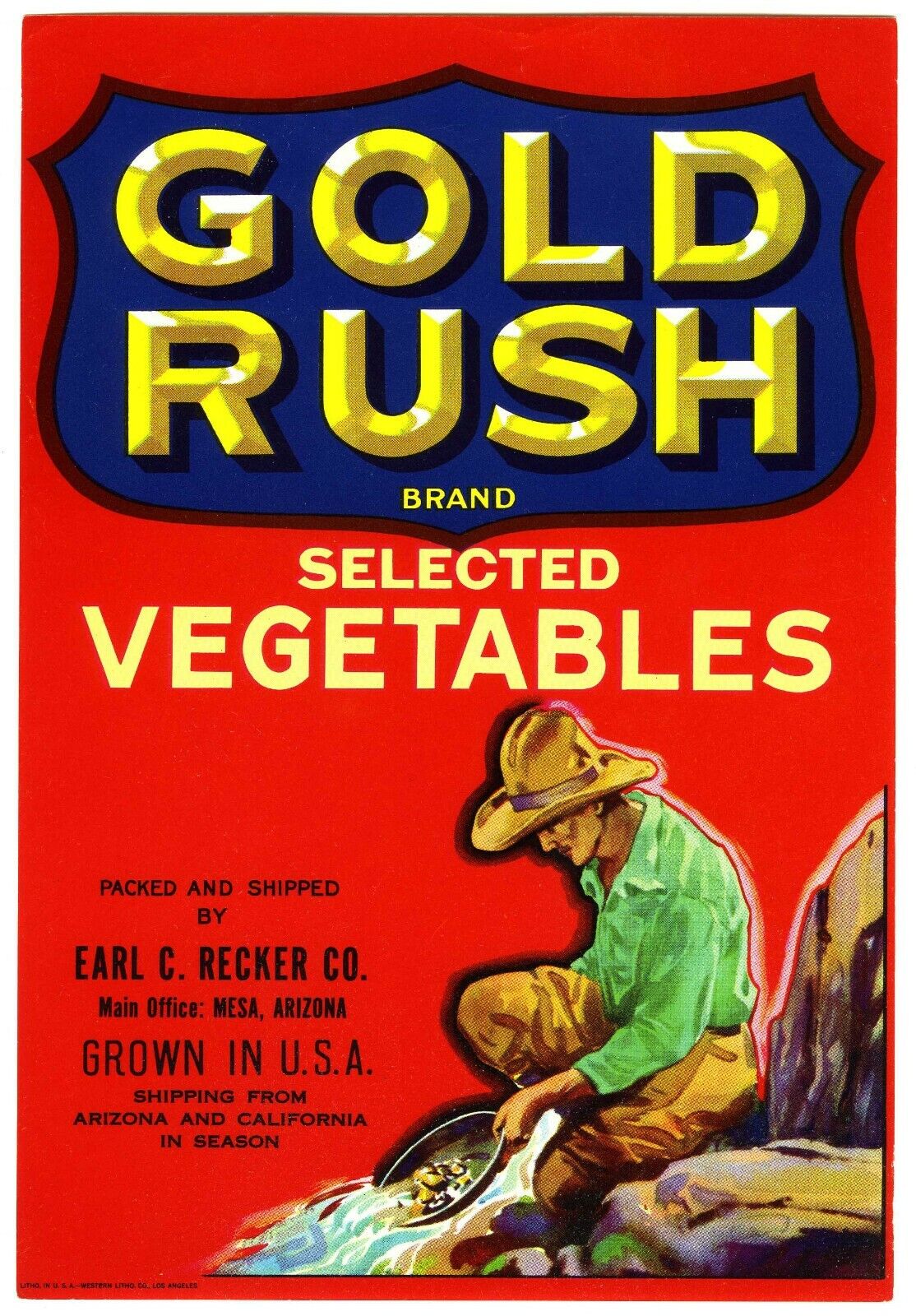 GOLD RUSH (MINER PANNING GOLD) ORIGINAL 1940s MESA ARIZONA VEGETABLE CRATE LABEL