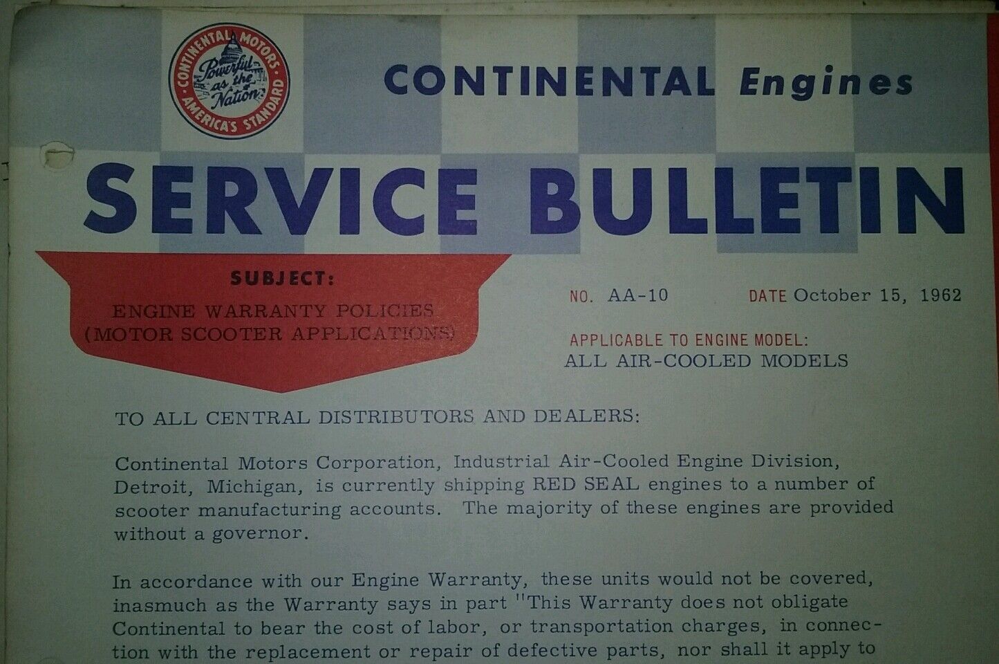 Continental Air-Cooled Engine Service Bulletins Manual Garden Tractor 38pg 1954-