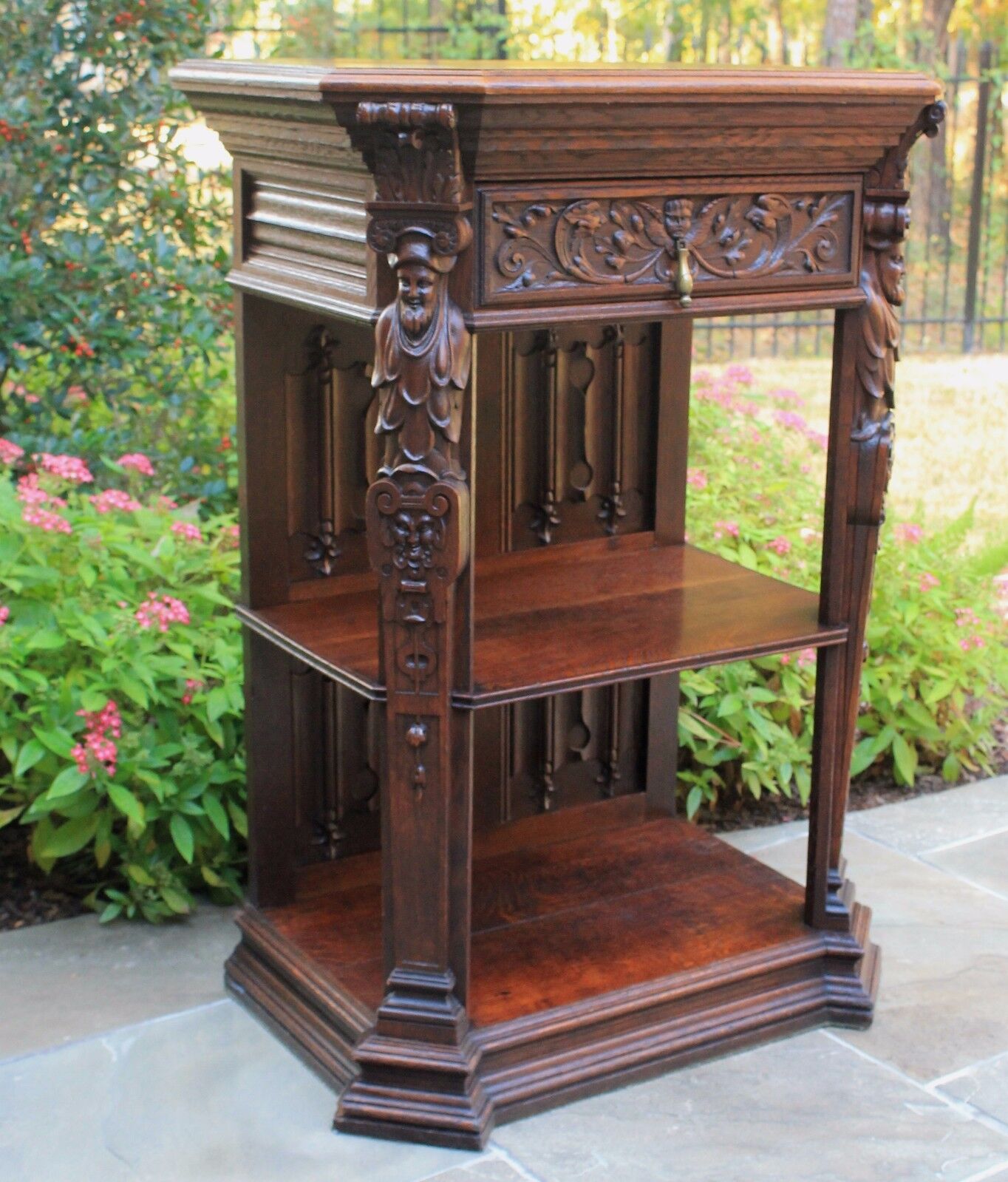 Antique French Oak GOTHIC Console Entry Hall Table Bar Wine Cabinet Server