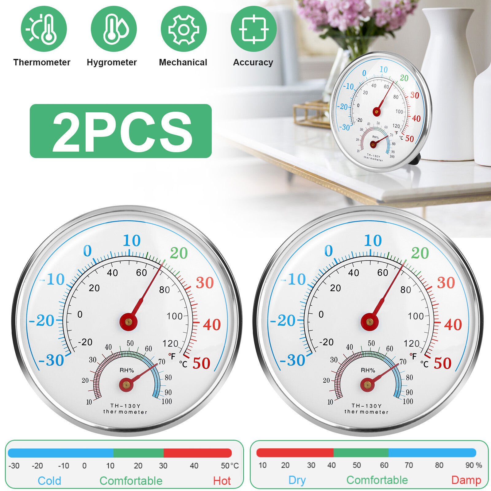 2Pcs Wall Thermometer Indoor Outdoor Mount Garden Greenhouse Home Humidity Meter