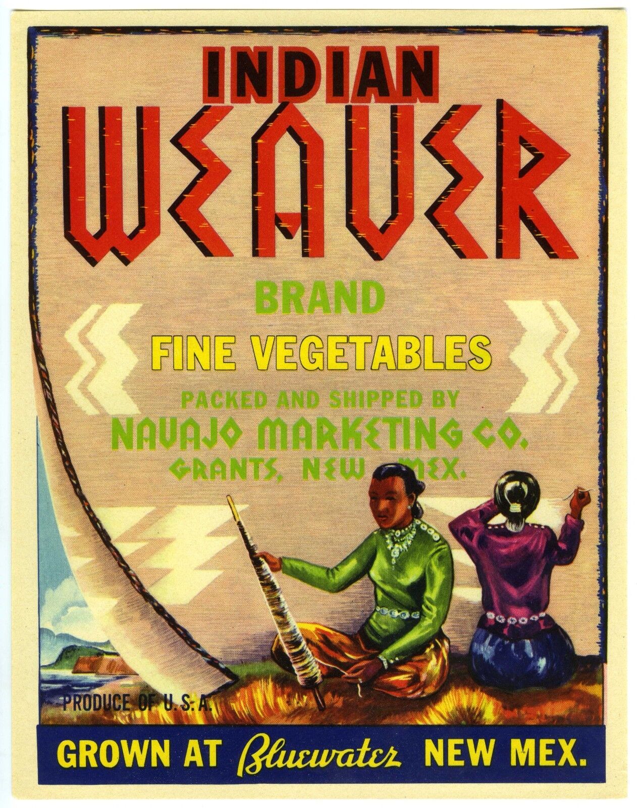 INDIAN WEAVER~NAVAJO~RARE ORIGINAL 1940s GRANTS NEW MEXICO VEGETABLE CRATE LABEL