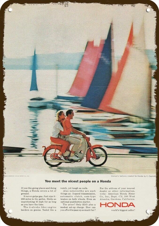 1964 HONDA 50 cc MOTORCYCLE Vintage Look DECORATIVE METAL SIGN - HONDA & SAILBOA