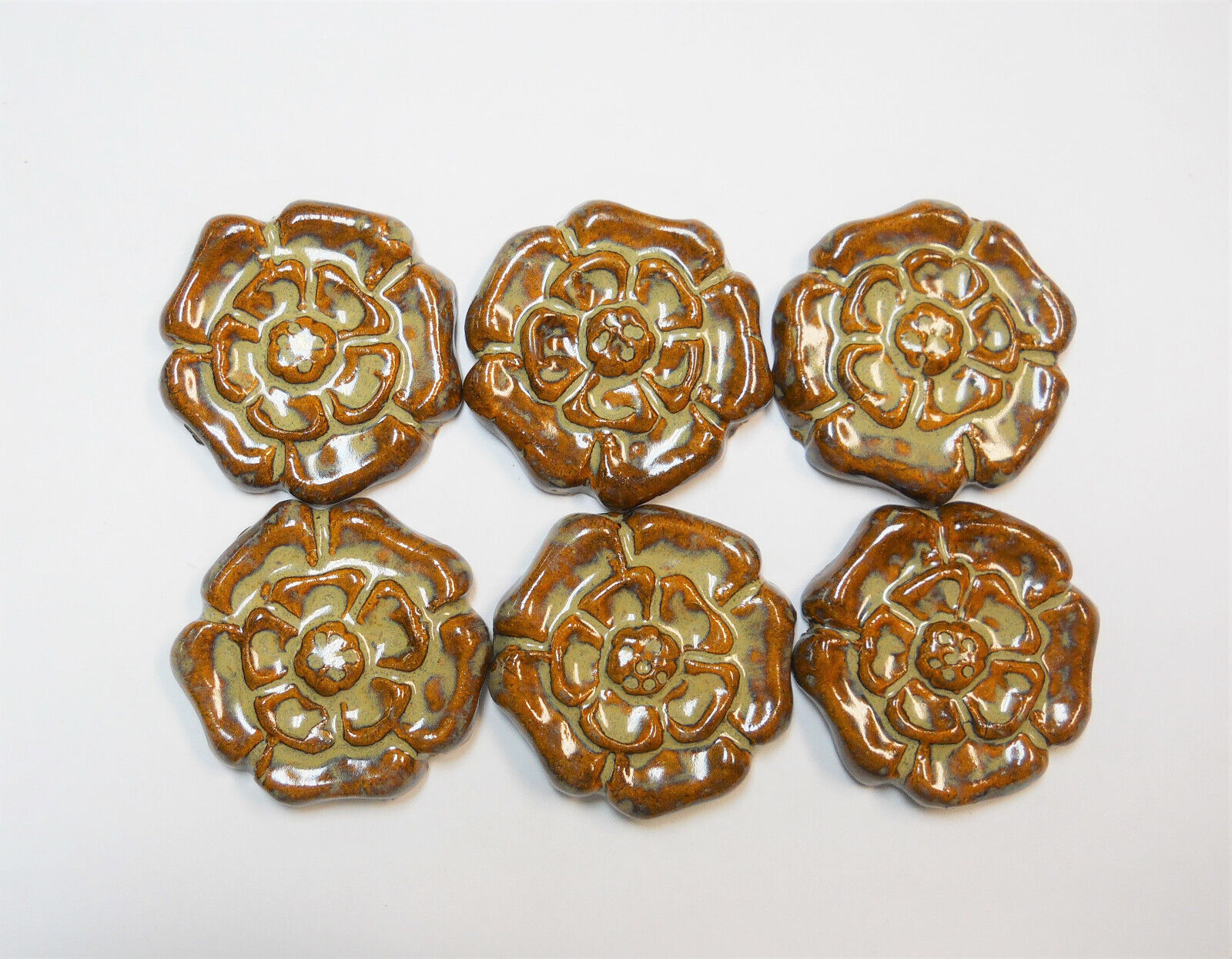 ROSETTE TILES Handmade Ceramic Stoneware Art Craft Tiles Brown Tones Set / 6