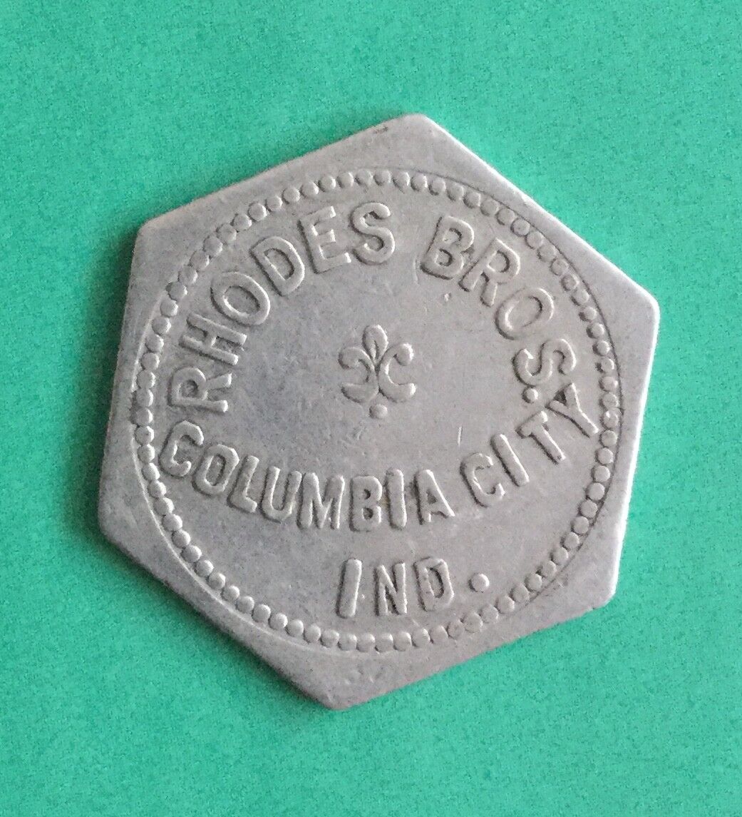 Columbia City, Indiana Rhodes Bros. 5 Cent Hexagonal Aluminum Token