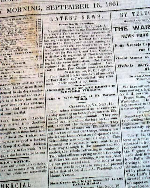 Rare DAVENPORT Iowa Civil War Era w/ Battle of Cheat Mountain WV 1861 Newspaper