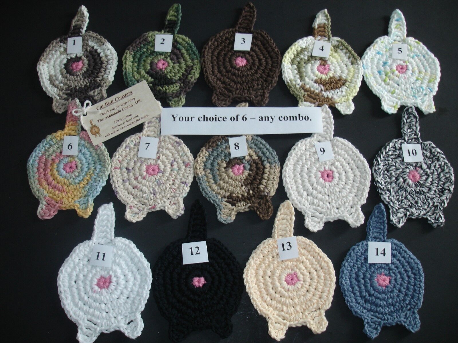 6 Cat Butt Coasters Handmade Cotton Crochet 4\