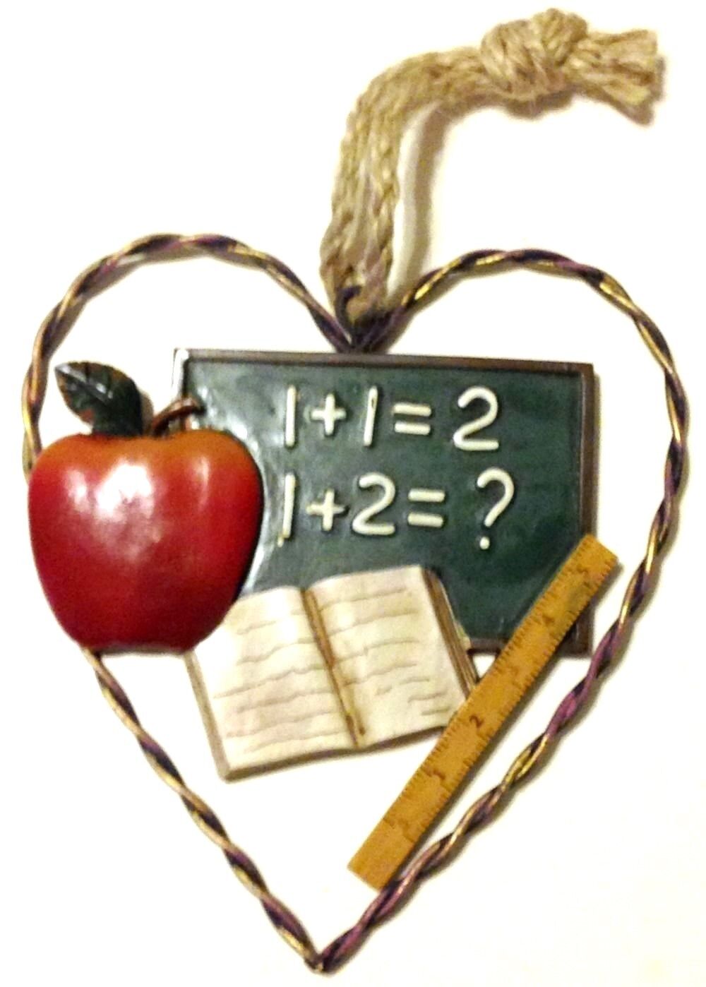 Heart Teacher Apple 1+1 Chalkboard New 7x6 1/2in Polyresin & Wire Wall Hanging