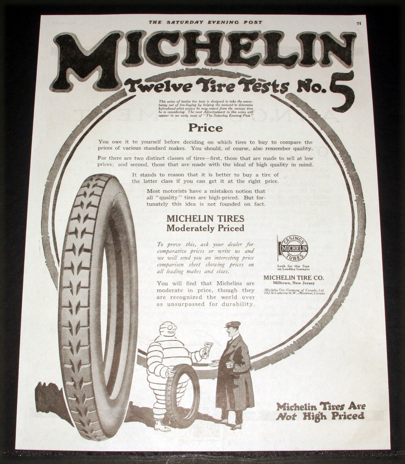 1918 OLD MAGAZINE PRINT AD, MICHELIN TIRES, MODERATELY PRICED, REMEMBER QUALITY