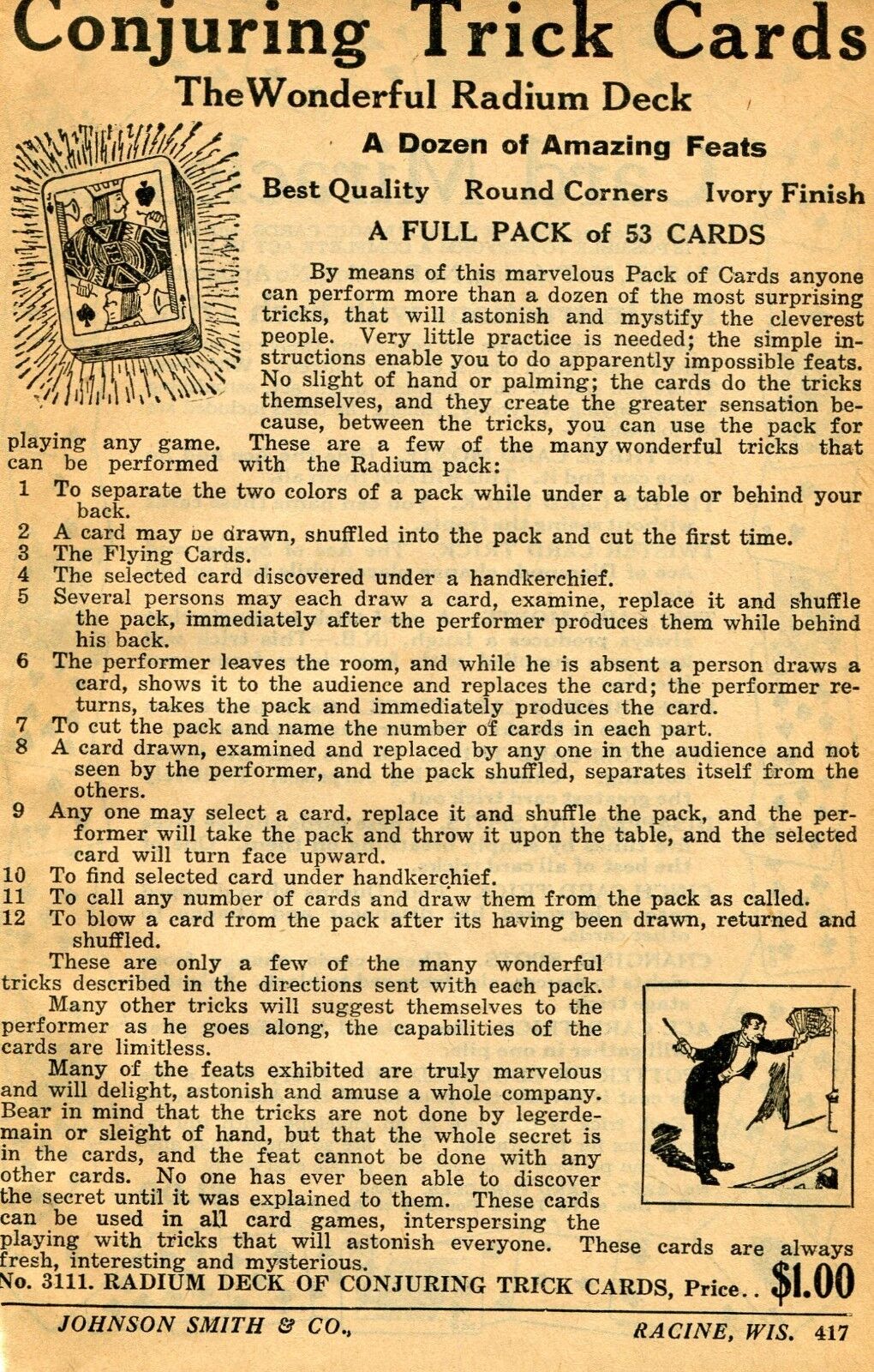 1929 small Print Ad of The Wonderful Radium Deck Magic Conjuring Trick Cards