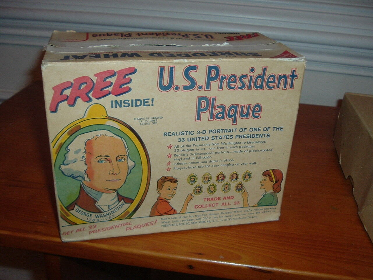 1950\'s Nabisco Shredded Wheat President Plaque Original Box with Ad Give-A-Way