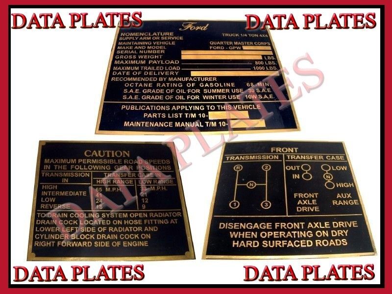 JEEP GPW FORD MID BRASS DATA PLATE SET G503 WWII WW2 NOMENCLATURE (NEW)
