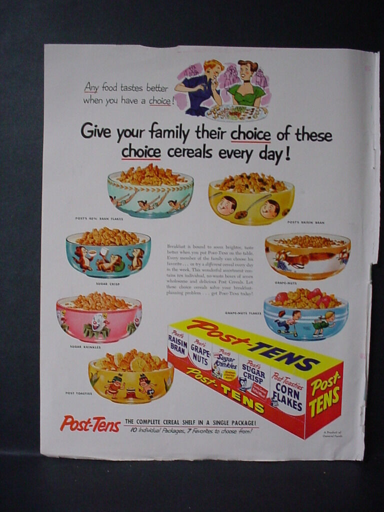1953 Post-Tens Cereal lots of Choices General Foods Vintage Print Ad 11128
