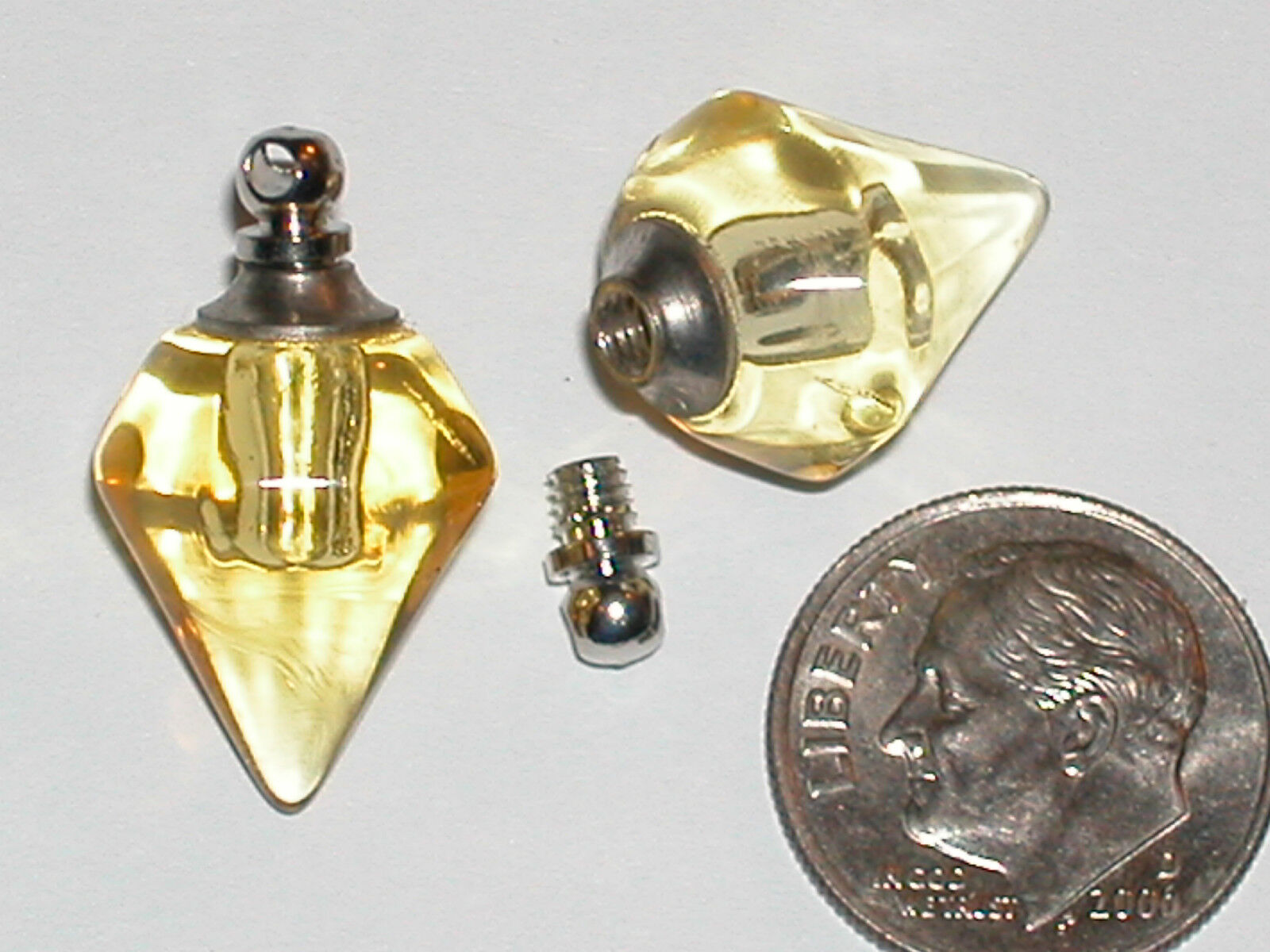 Yellow diamond shaped Glass Perfume necklace vial pendant bead bottle SCREW CAP