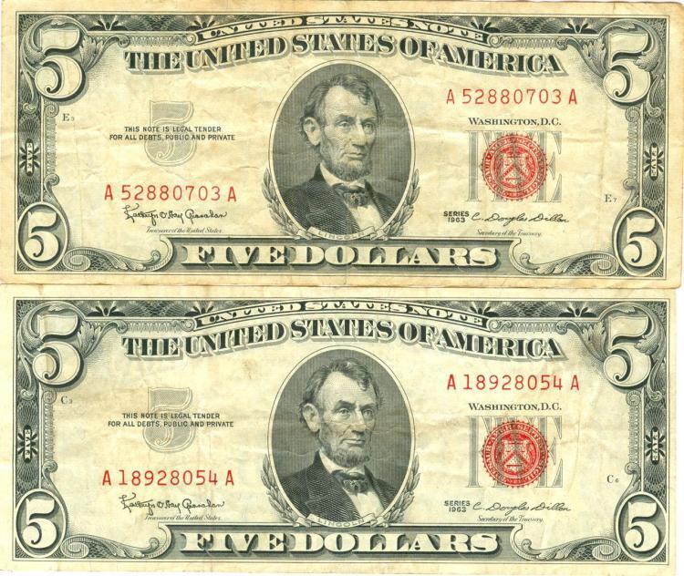 1963 $5 VG/XF Red Seal Note Lot of 2 Lot 787