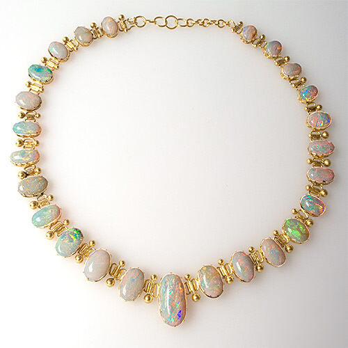 1920\'s Antique Natural Opal Necklace Solid 18K Yellow Gold Fine Estate Jewelry
