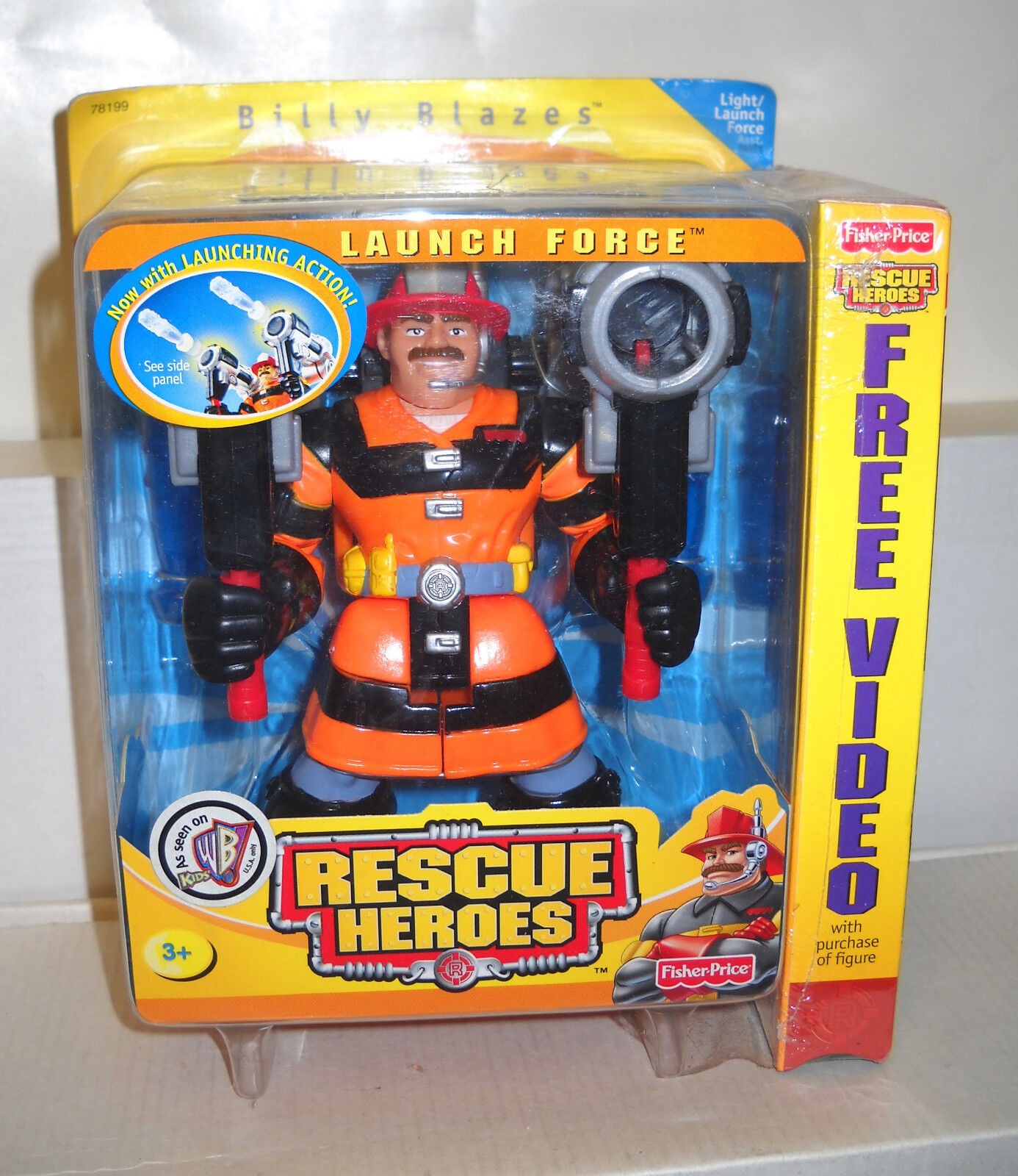 #7402 NRFB Fisher Price Rescue Heroes Launch Force Billy Blazes with VHS Video