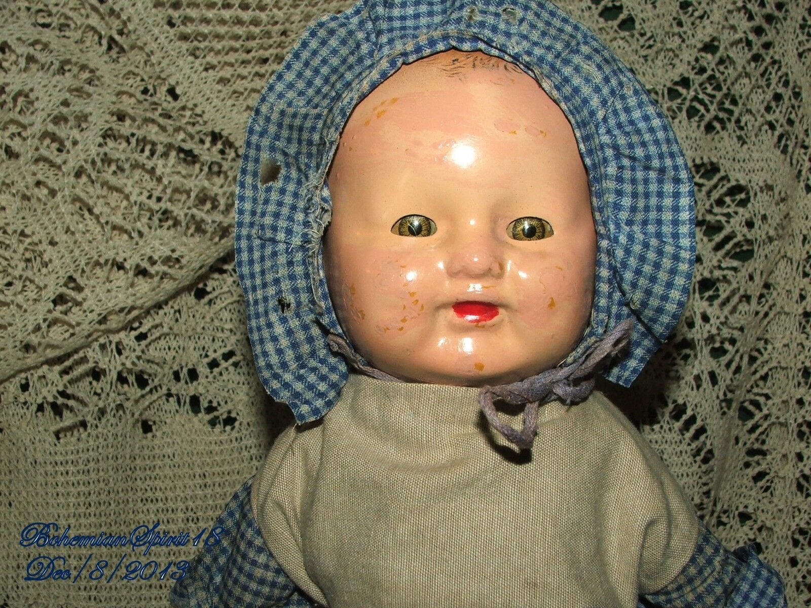 Antique EARLY 1900\'s TIN HEAD SMILY FACE ORIGINAL OUTFIT BONNET BABY DOLL