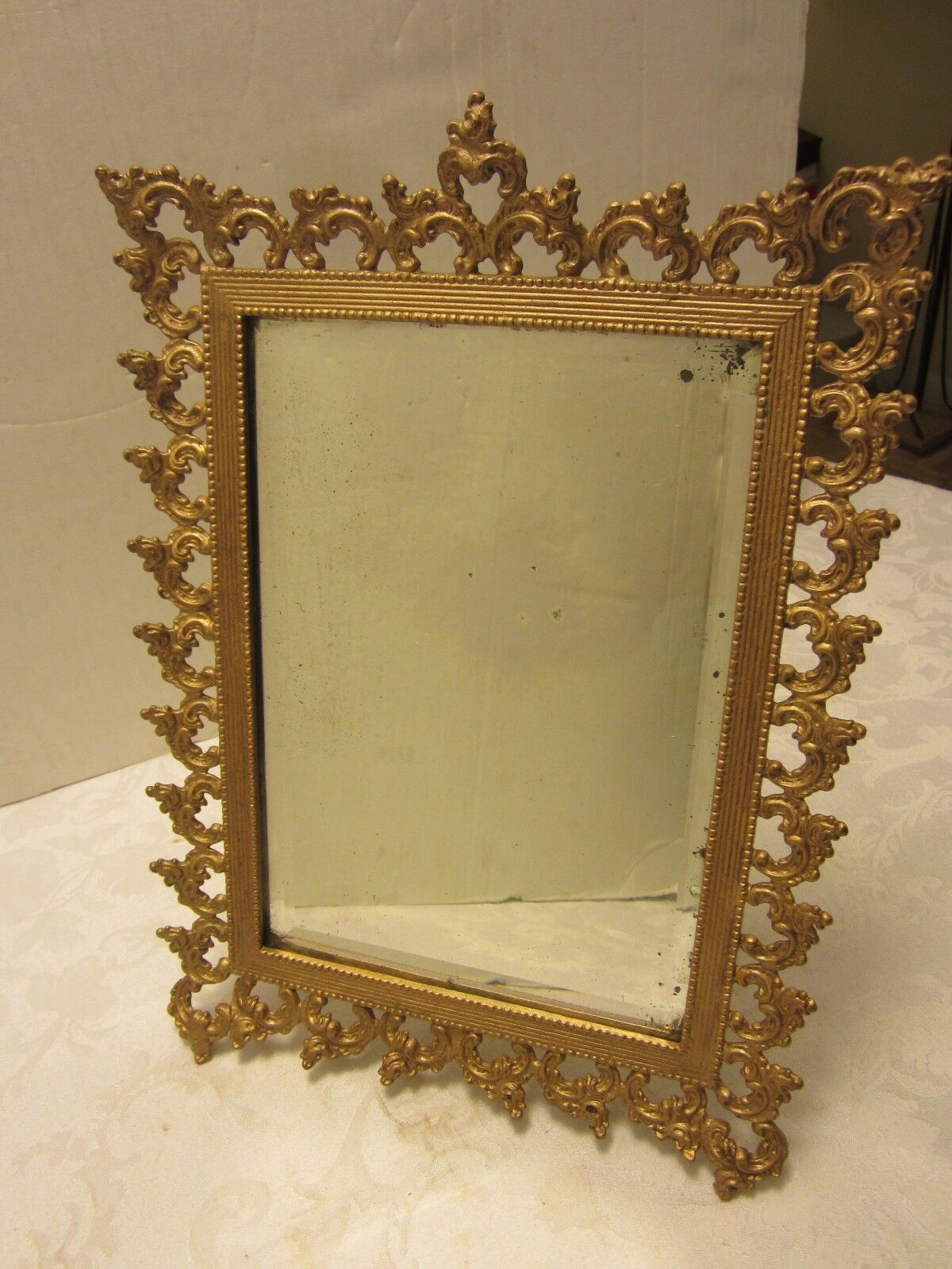 Antique easel Cast Iron table Beveled Mirror tin backing Victorian Rococo 14\