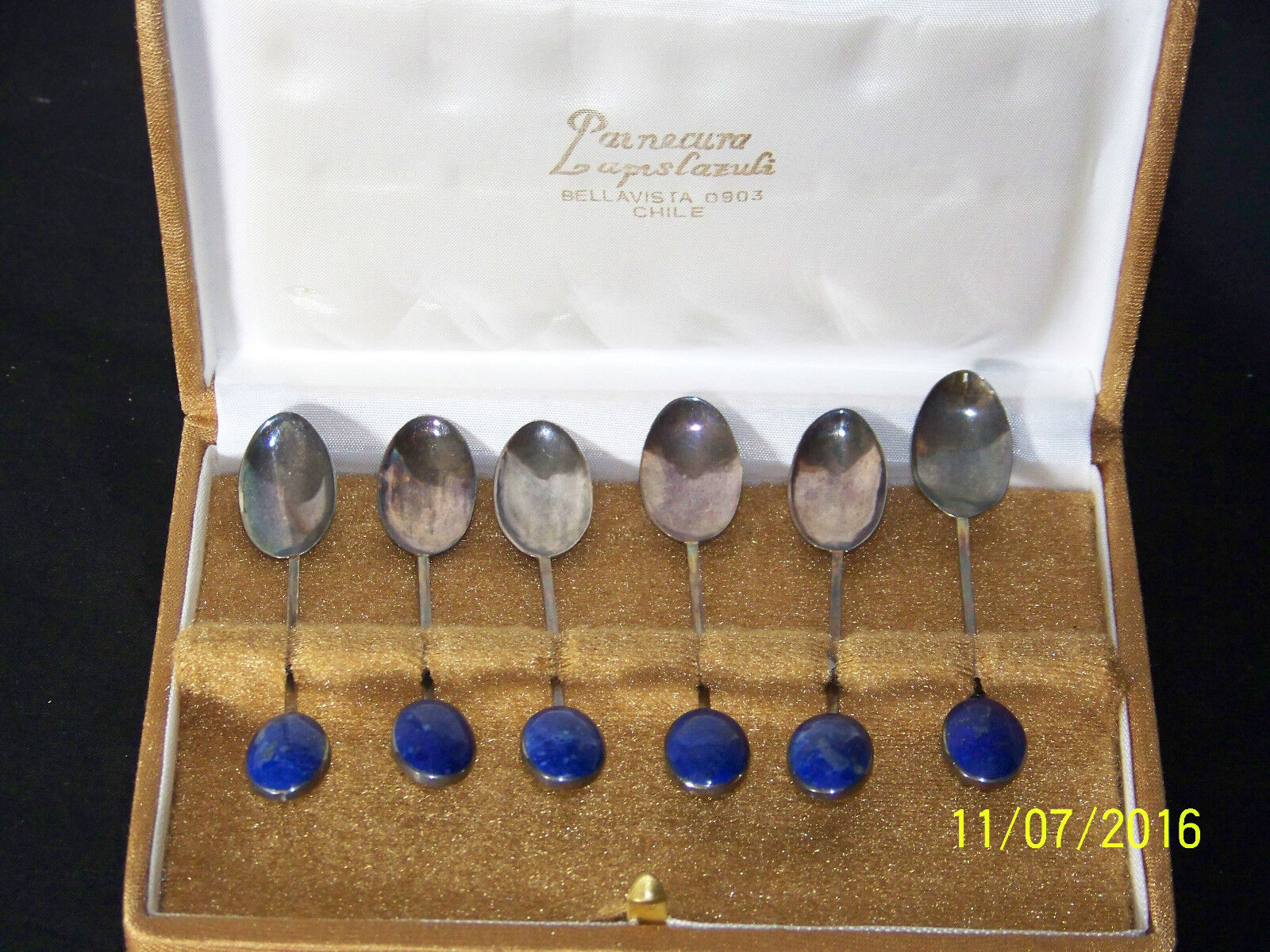 Vintage Sterling Silver Demitasse Spoon Set of 6 Cabachon Lapis Lazuli Stones