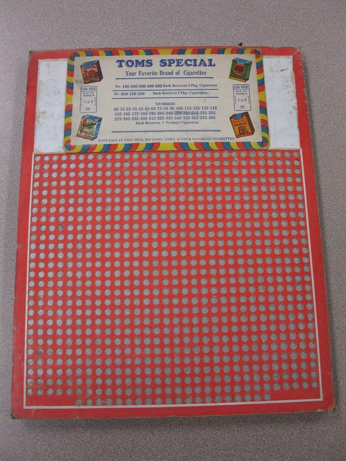 Vintage Punch Board TOMS SPECIAL .10 Cigarette Gambling Device #3384 BOX#PB-16